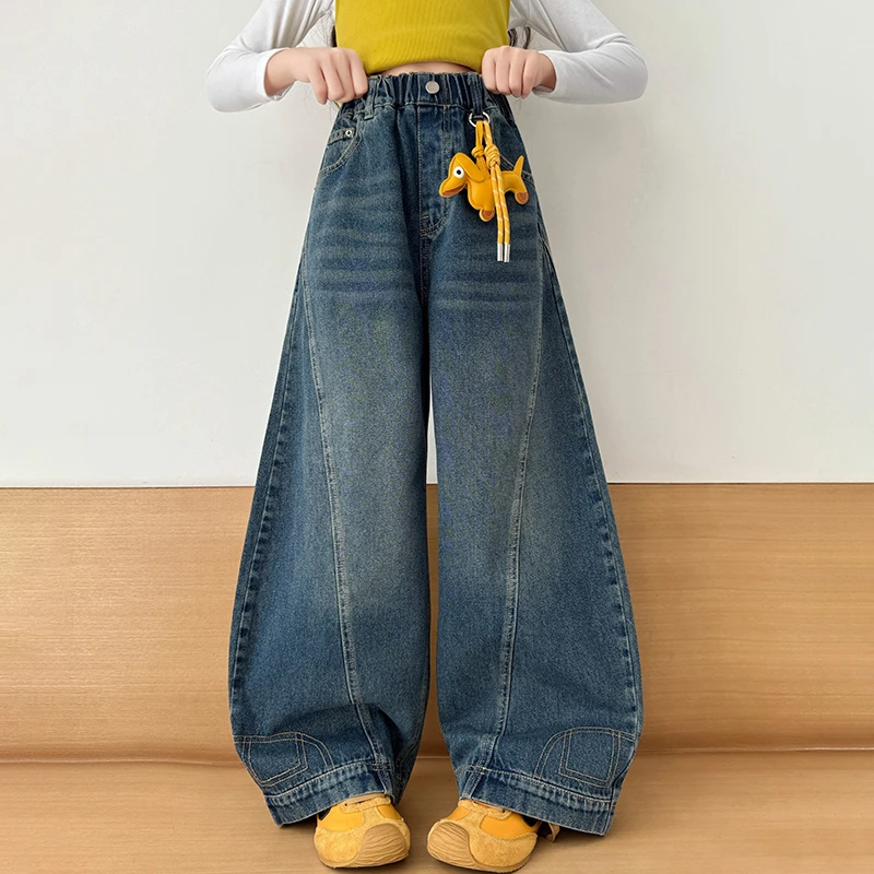 女童牛仔裤春秋2025新款中大童洋气宽松百搭休闲裤儿童直筒阔腿裤