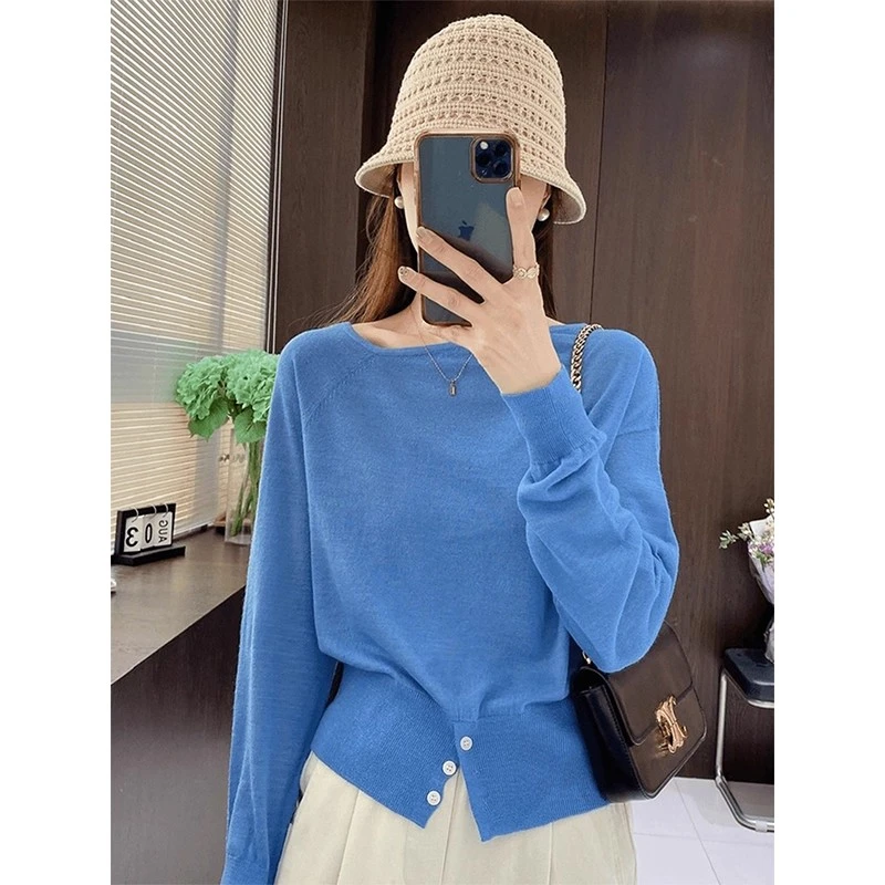 蓝色针织长袖T恤女早秋2025新款爆款打底衫绝美巨好看设计感上衣
