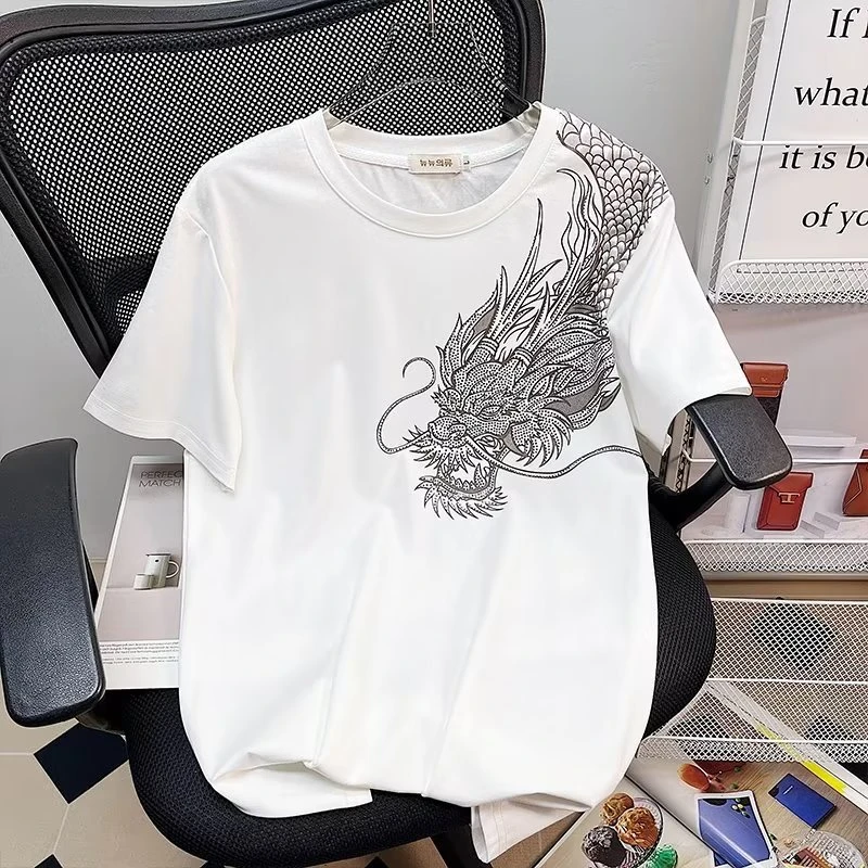 潮流青年刺绣过肩龙短袖t恤夏季新款网红同款潮牌T恤高级感男装