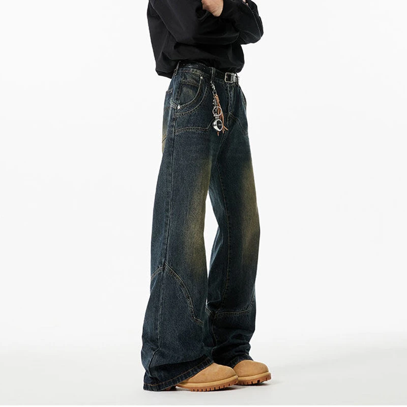 美式复古小众解构拼接牛仔裤男春季水洗做旧宽松微喇裤子痞帅拖地