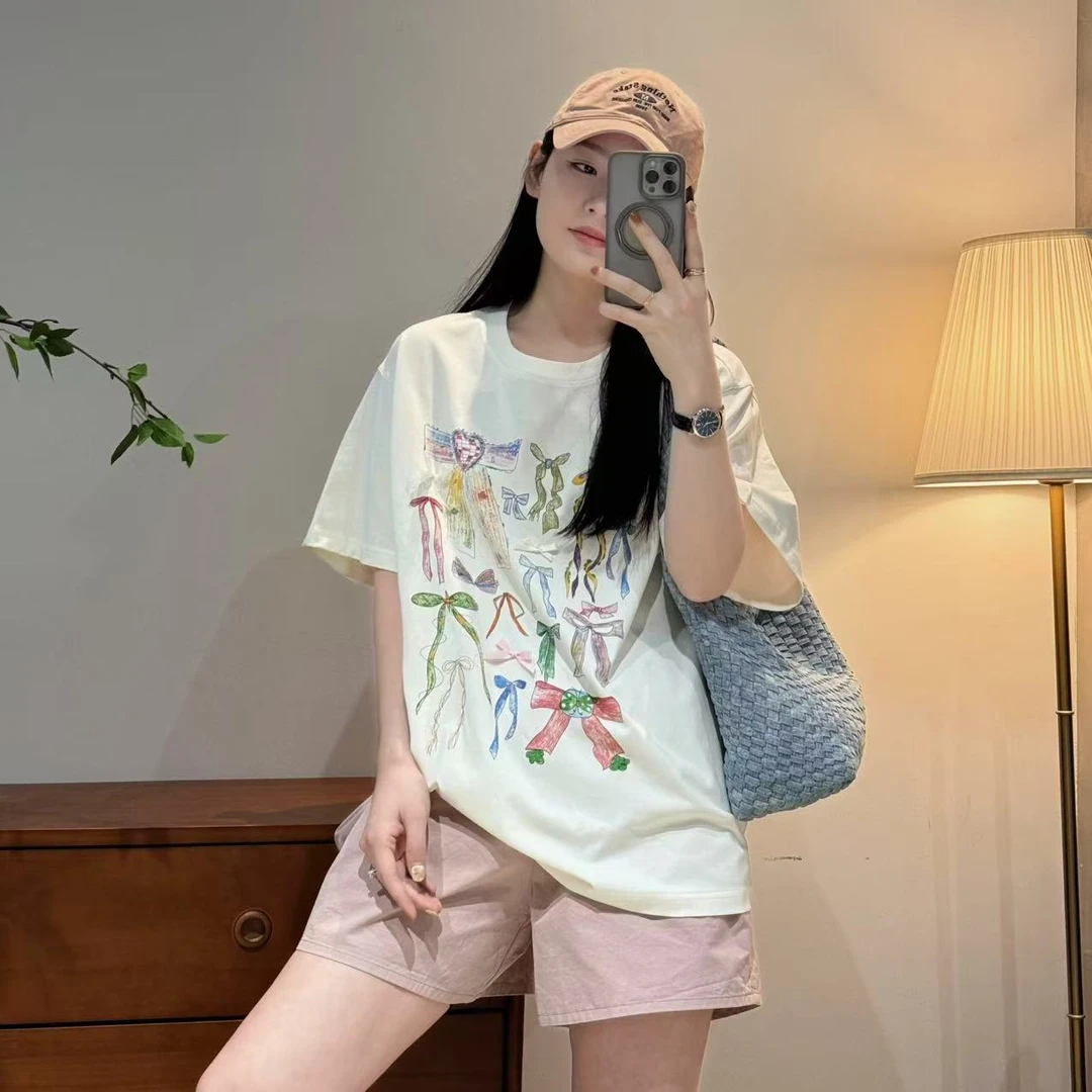 韩系时尚宽松白色百搭休闲甜美设计感蝴蝶结T恤女-M25212389