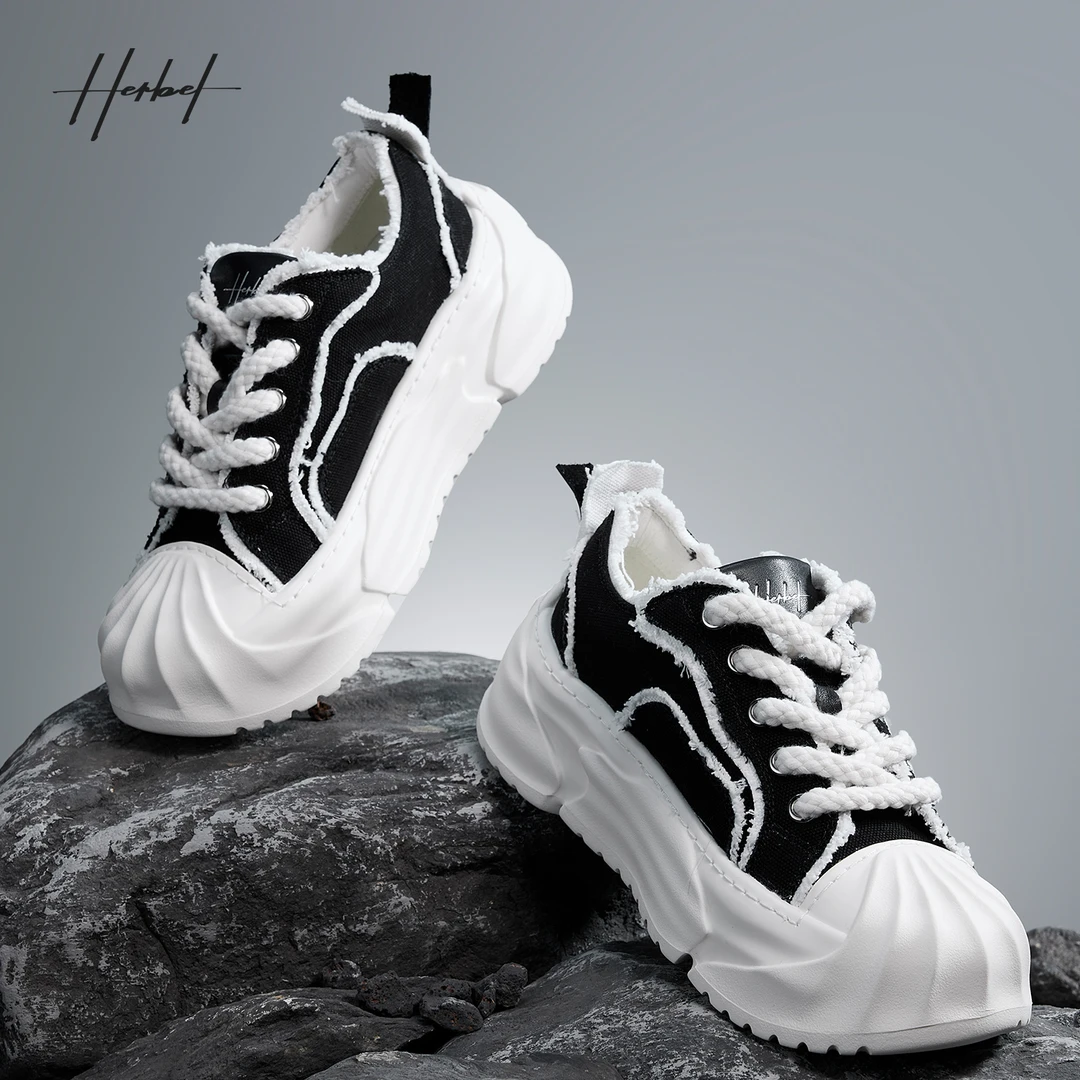 HERBEL/黑白四季百搭休闲鞋透气软底潮鞋系带男国潮黑白板鞋