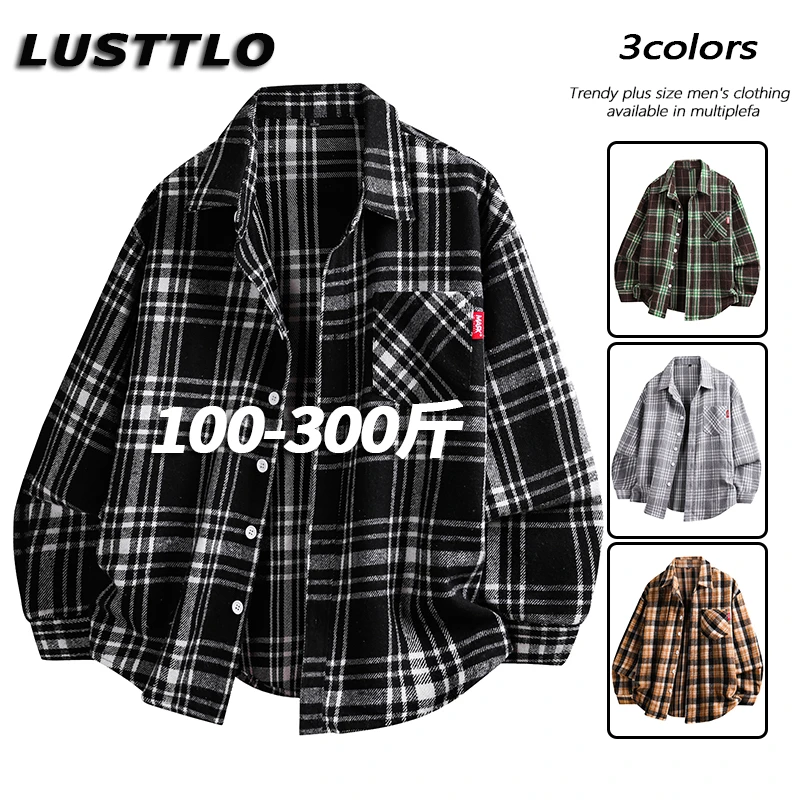 大码长袖格子衬衫男士春秋新款韩版潮流复古加肥加大宽松休闲外套