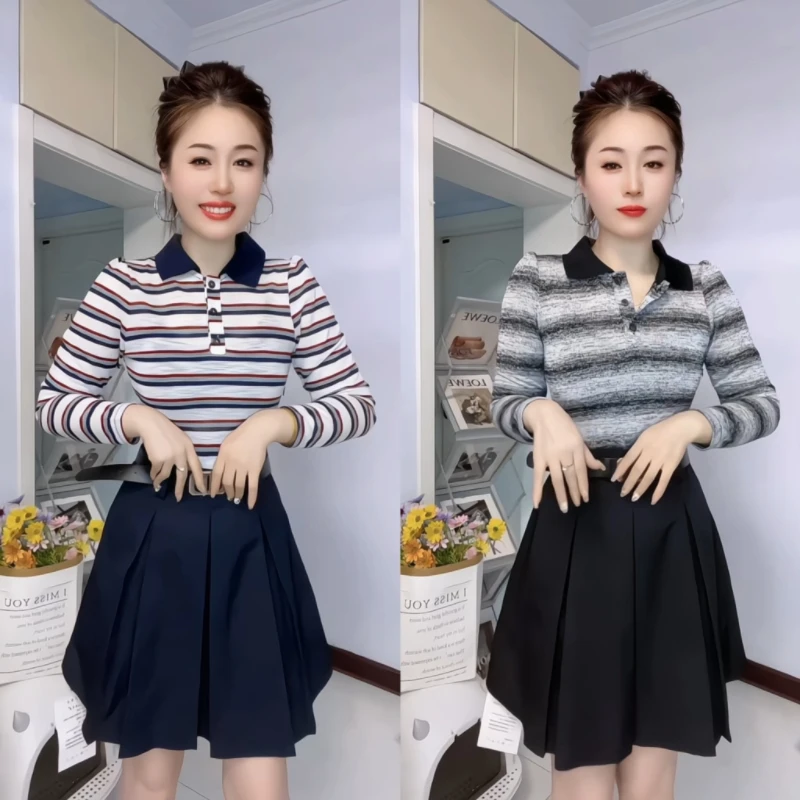 直筒型宽松型常规长袖常规款T恤时尚高腰打底欧美风短裙两件套