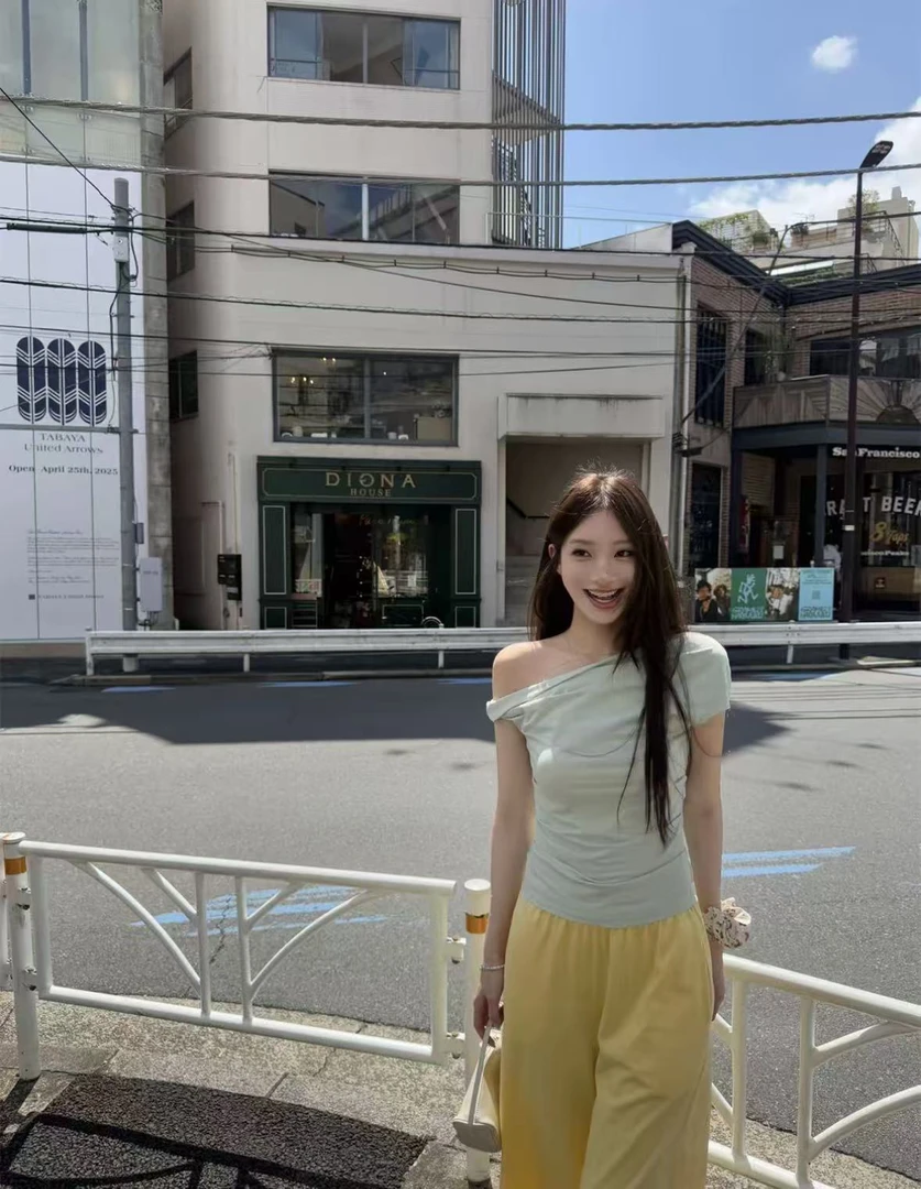 8722夏季新款韩系小众修身显瘦设计感斜肩辣妹短袖T恤上衣女