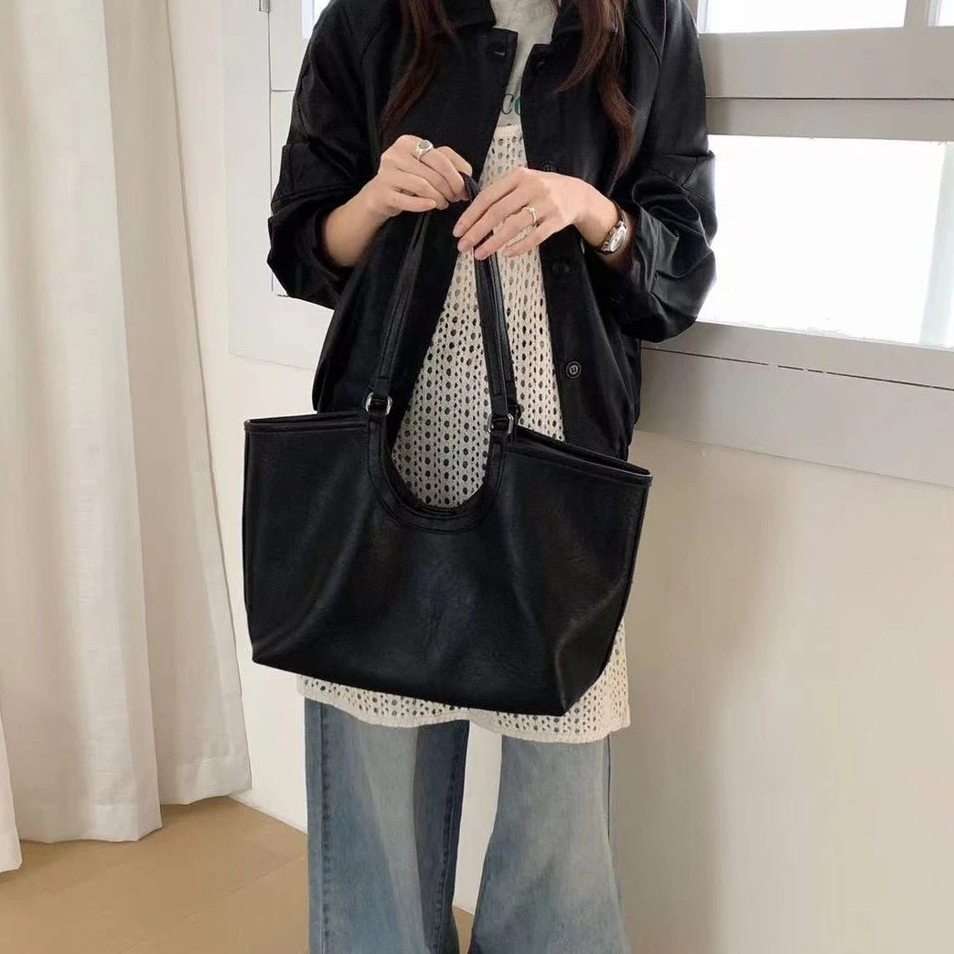 竹笋喵喵 韩版大容量单肩包女2025秋冬松弛感腊皮日常百搭托特包