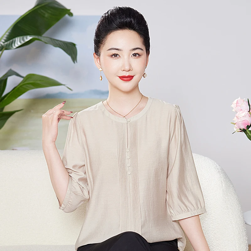 鄂尔多斯市新真丝妈妈装纯色圆领桑蚕丝减龄上衣薄款宽松女装夏季
