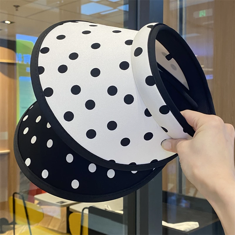 culv波点发箍空顶帽女夏季防紫外线大檐遮阳帽可扎马尾遮脸防晒帽