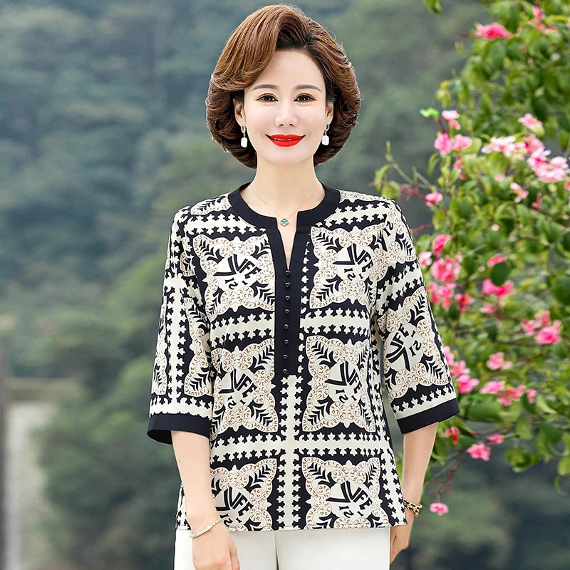 2025妈妈装夏装短袖T恤雪纺衬衫上衣洋气时尚新款中老年女装夏季