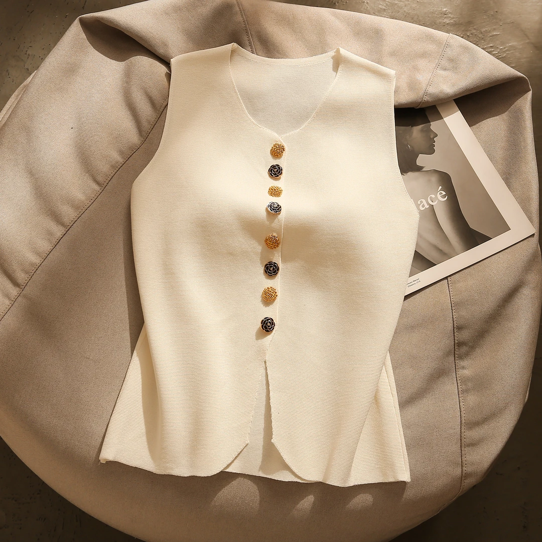 韩系彩色排扣针织背心吊带女夏季新款高级感修身内搭打底无袖上衣