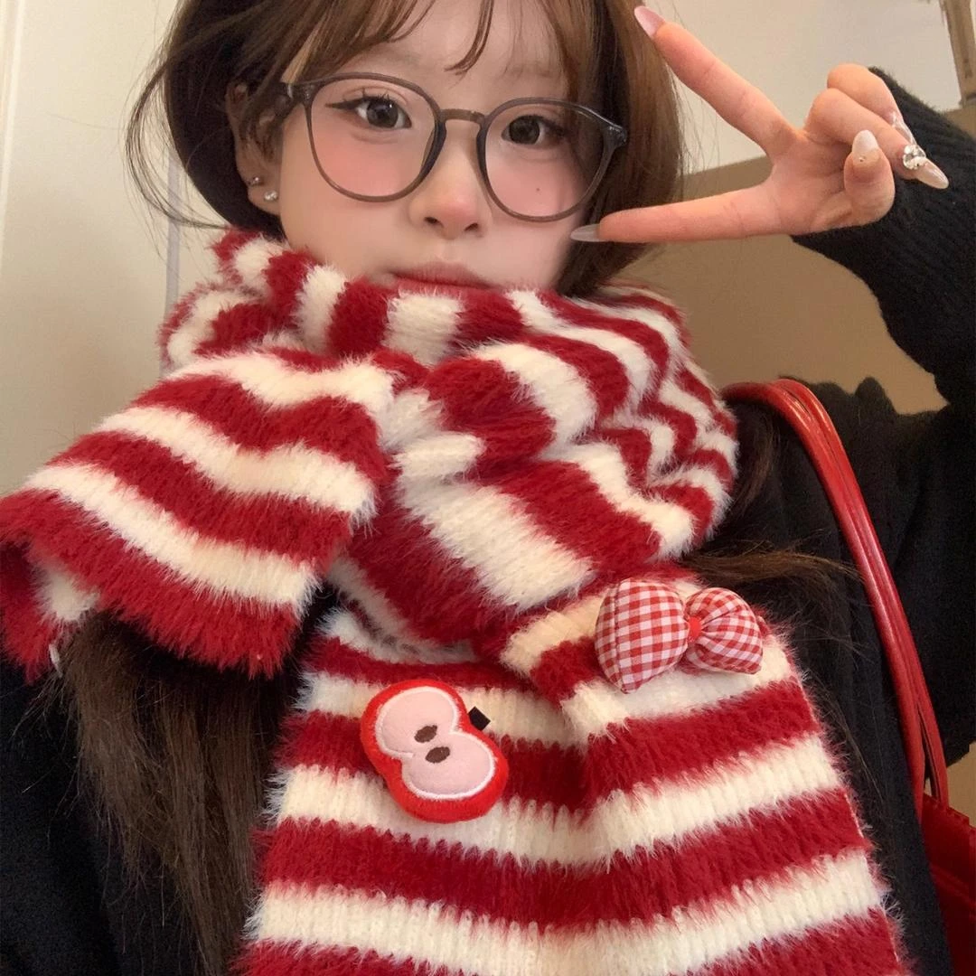 韩系红色条纹蝴蝶结苹果毛绒围巾女冬季加厚保暖可爱护颈毛线围S