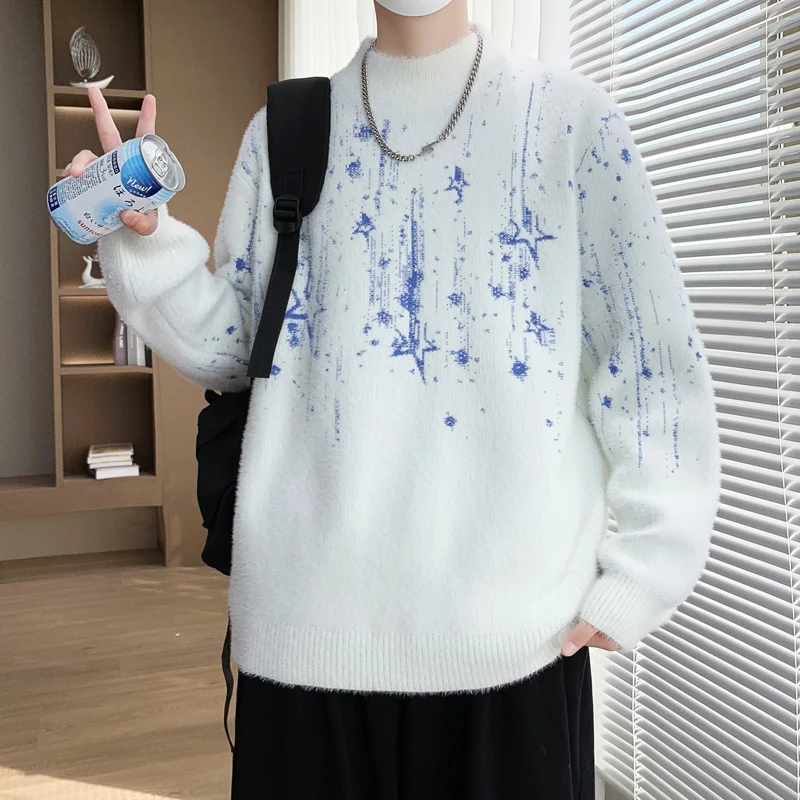 冬季半高领男士毛衣学院风百搭潮流加绒加厚青少年学生打底针织衫