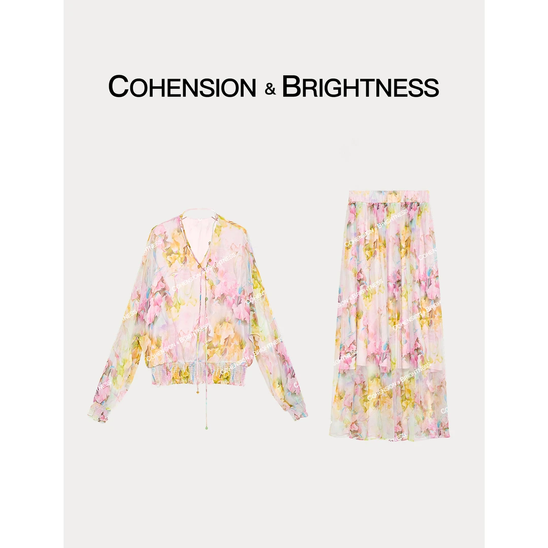 凝慧真的好【琉璃秋鸢】春夏法式V领长袖印花温柔风时尚套装TR018