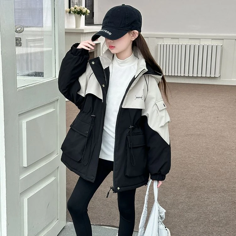 女童秋冬加绒冲锋衣2024新款外套女大儿童棉服洋气加绒加厚派克服