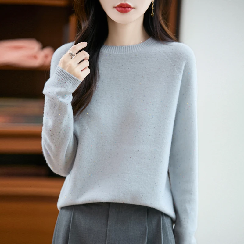 【100%纯羊毛】秋冬新款一线成衣圆领亮片宽松针织长袖女士时尚百搭