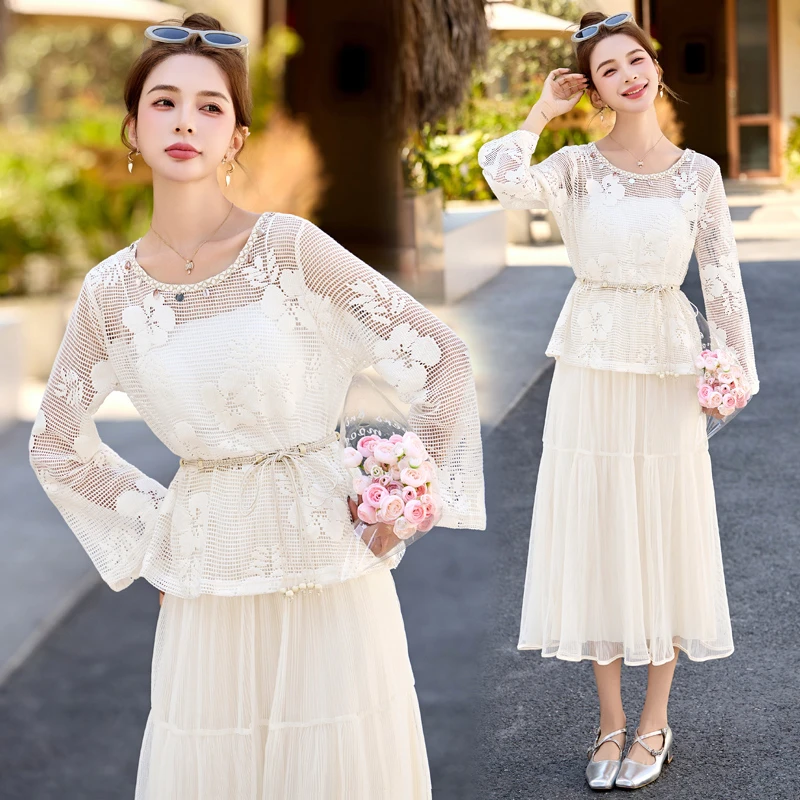 法式高级感蕾丝套装女2025夏季新款气质女神范上衣+半身裙两件套