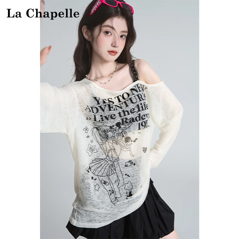 拉夏贝尔美式斜领防晒罩衫长袖T恤女夏季设计感性感宽松露肩上衣