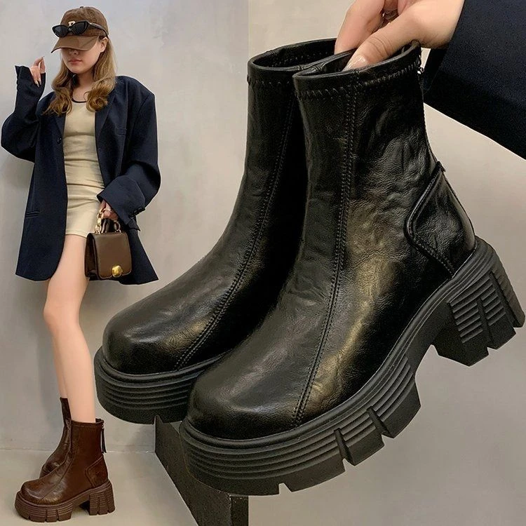 厚底增高切尔西新款靴子2025秋冬季女款小个子粗跟加绒短靴瘦瘦靴