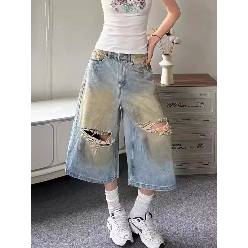 美式复古做旧破洞牛仔短裤男女夏季渐变宽松嘻哈七分裤子