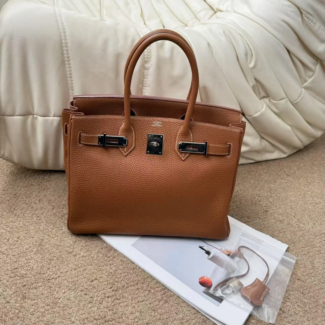 95新 Hermes/爱马仕 金棕银扣 togo皮 birkin30单肩包/662347602
