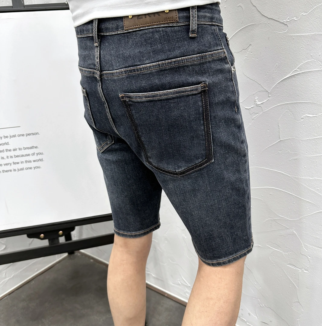 潮流时尚百搭复古做旧水洗弹力牛仔短裤男韩版修身小脚深蓝五分裤