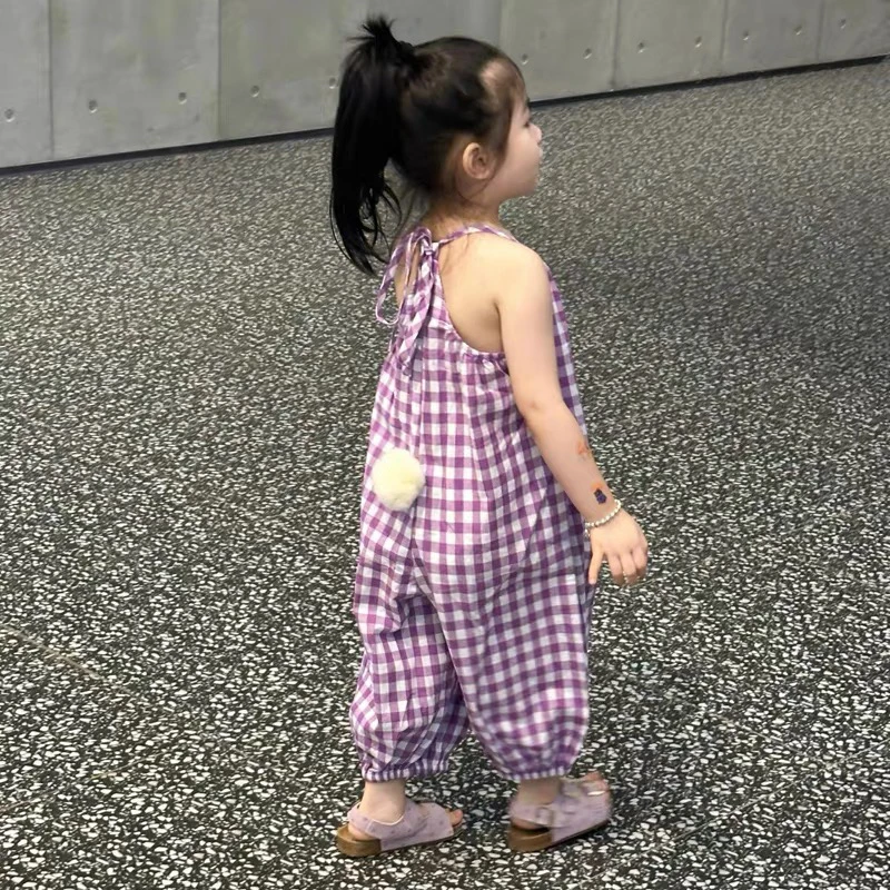 儿童背带裤夏季薄款女童宝宝韩版宽松洋气无袖格子吊带连体九分裤