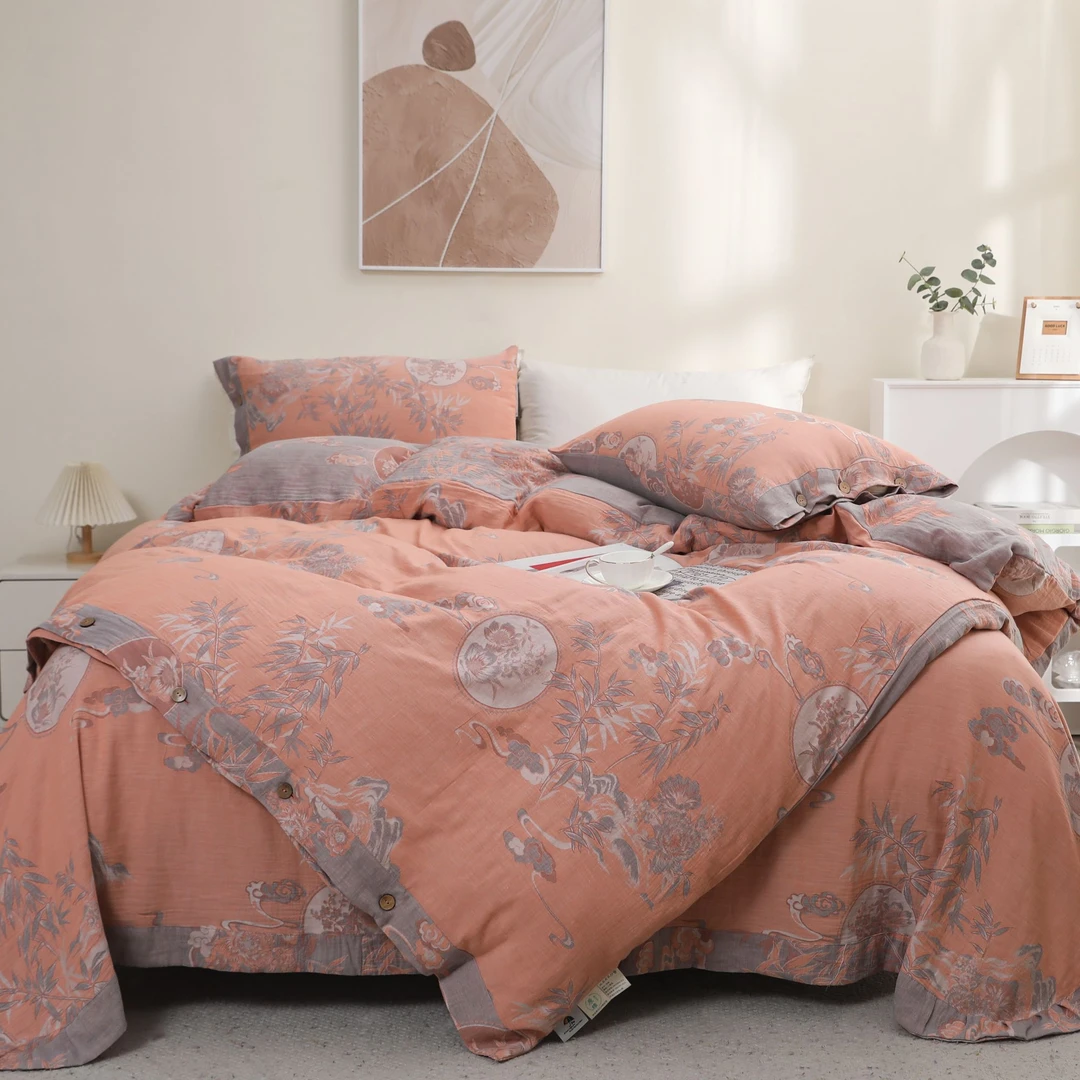 【竹报平安】高档纯棉双层纱全棉100通用色织提花床上四件套