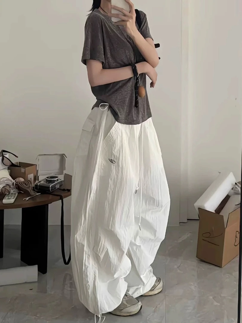 美式廓形降落伞白色工装裤女夏季速干抽绳宽松皱褶口袋休闲阔腿裤