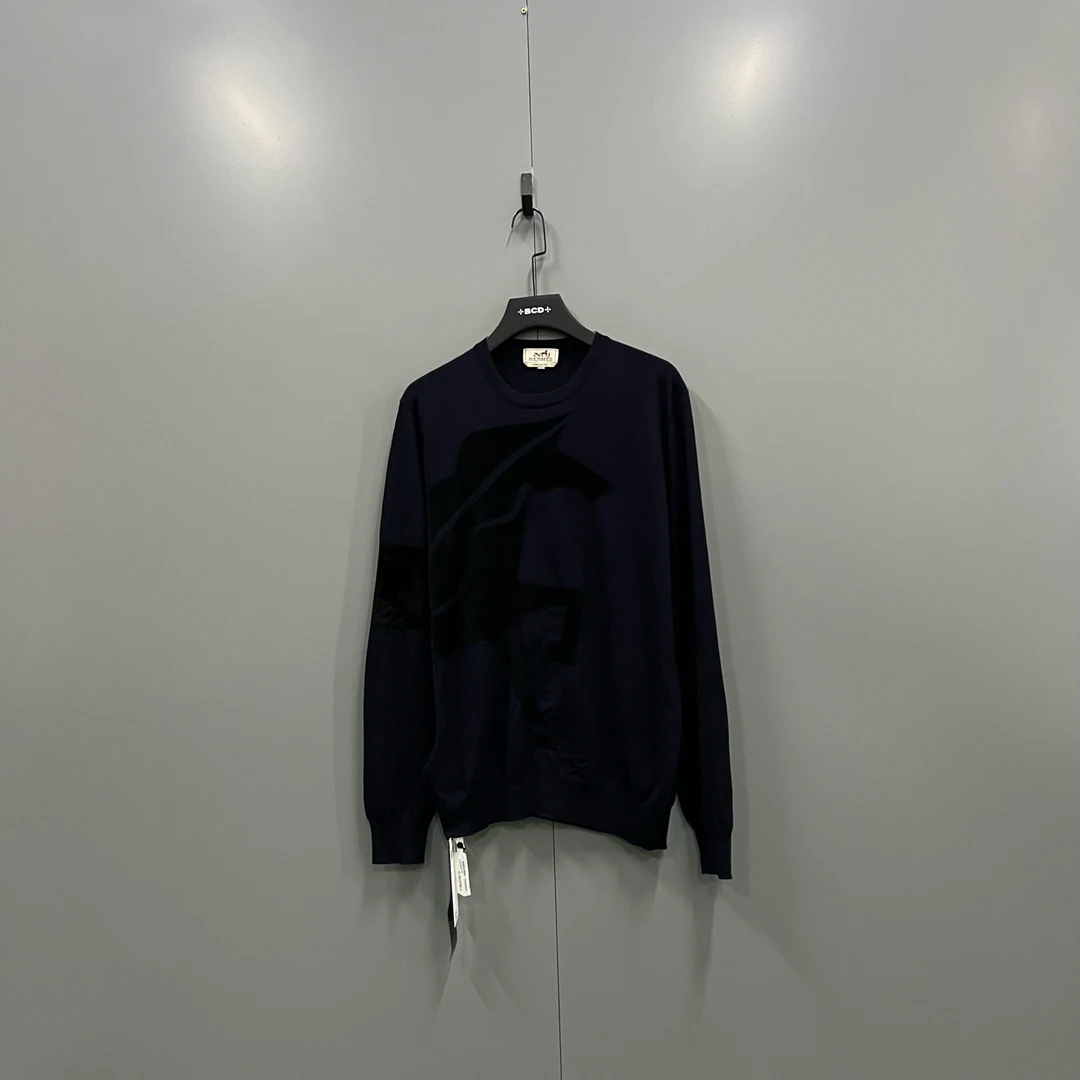 99新 Hermes/爱马仕 h926  藏青色印花针织衫 XL码 009467
