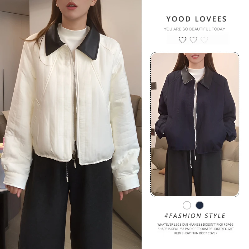 韩系复古拼接翻领长袖拉链棉服短外套2025冬季新款气质设计感夹克
