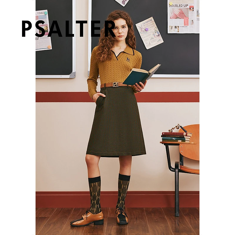 诗篇专选冬复古学院风格纹假两件羊毛针织裙连衣裙