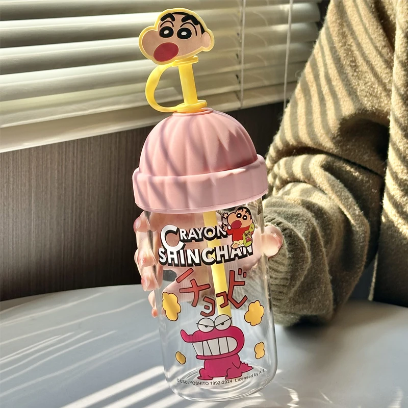 蜡笔小新水杯杯子大容量办公室果茶玻璃杯吸管高颜值上班族带盖