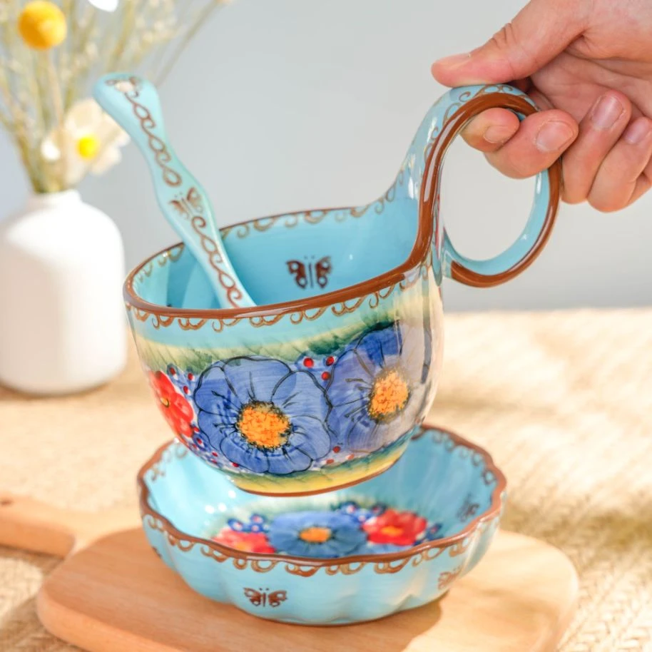 楼兰  新疆包邮【琉璃蓝】家用釉下彩曲把杯三件套