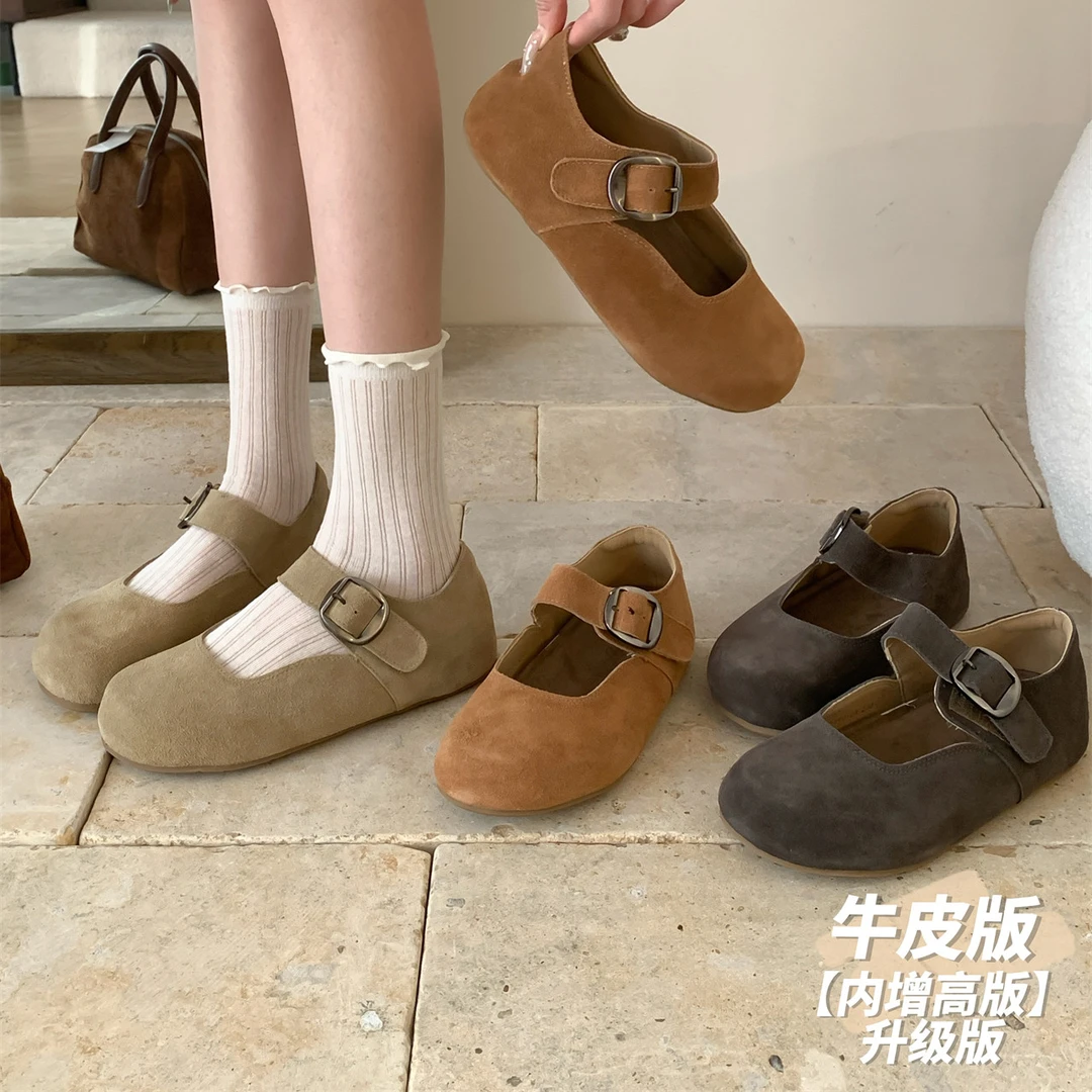 真皮内增版~复古晚晚风磨砂软底勃肯鞋女春一脚蹬森系玛丽珍单鞋