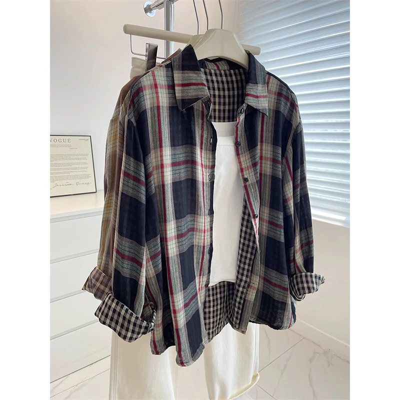 复古显白~双面慵懒格子衬衫女!秋韩系百搭宽松叠穿休闲衬衣薄外套