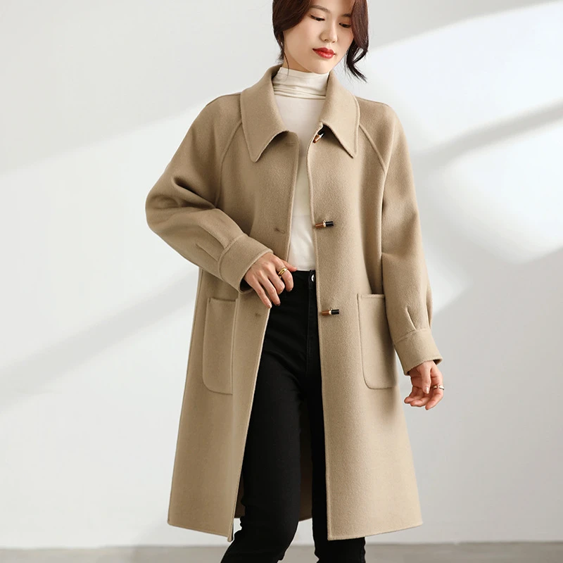 双面纯羊毛呢子大衣女加厚中长款娃娃领秋冬新款气质宽松毛呢外套