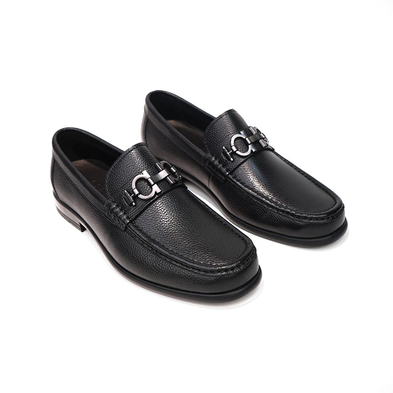 黑色春季休闲皮鞋一脚蹬软底软面透气舒适皮鞋马衔扣软底商务