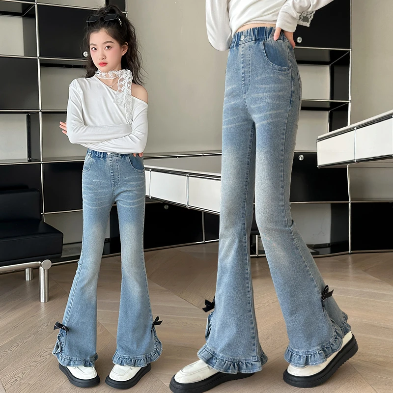 女童牛仔裤春装新款洋气儿童弹力显瘦喇叭裤中大童外穿高腰长裤子