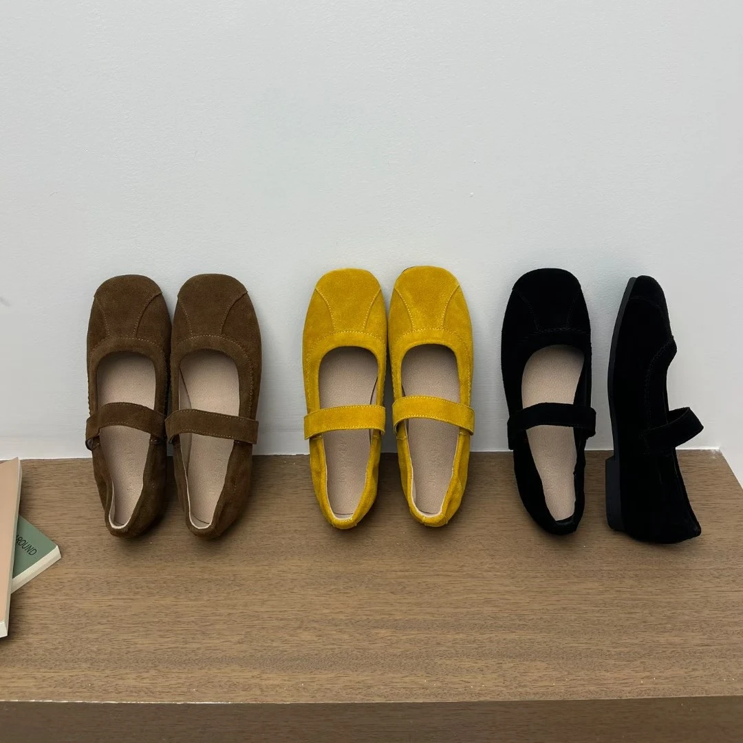 8399-90【真皮】圆头夏季魔术贴平底单鞋春秋玛丽珍豆豆鞋方头浅口