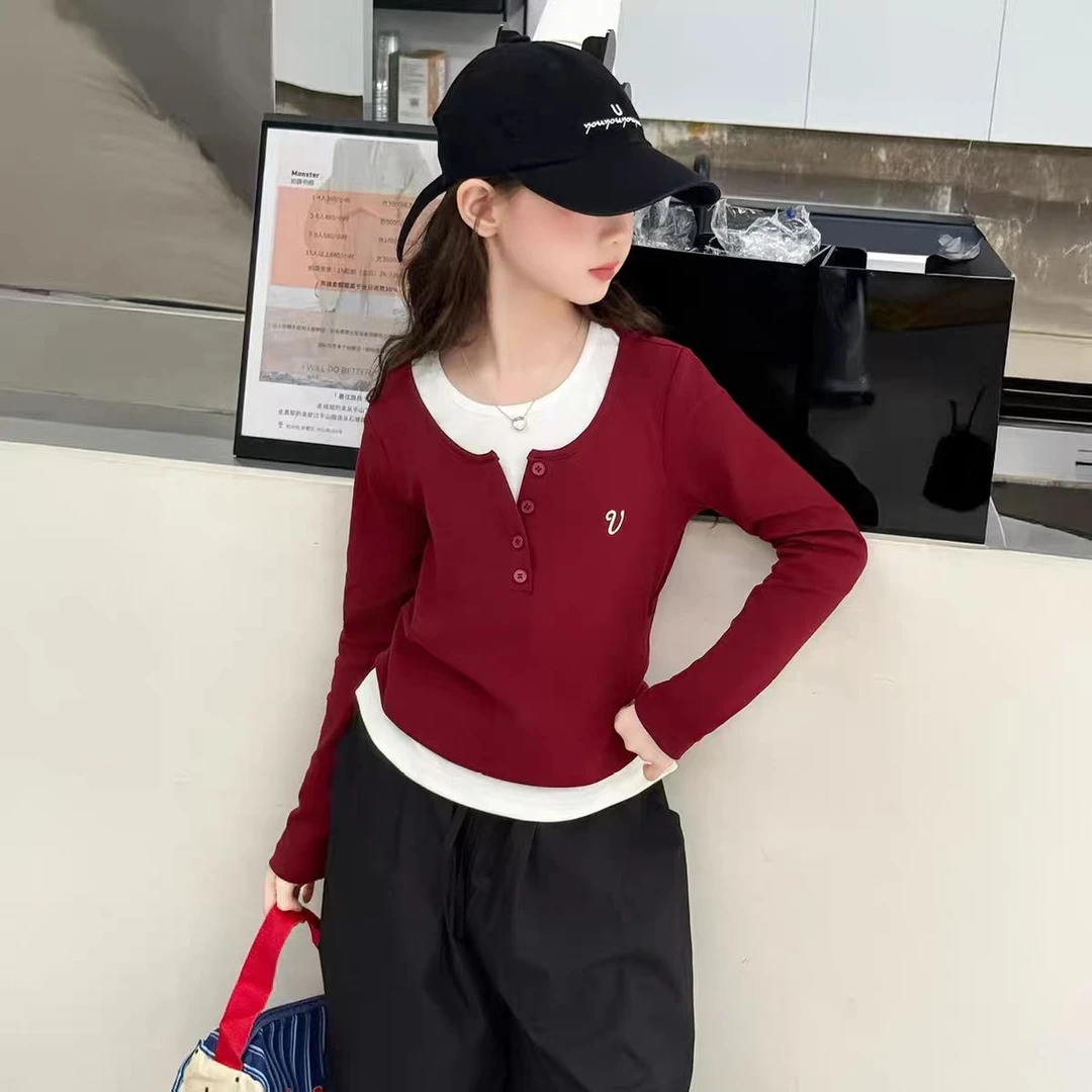 2025新款长袖t恤女童秋装大童假两件上衣儿童早秋洋气修身打底衫