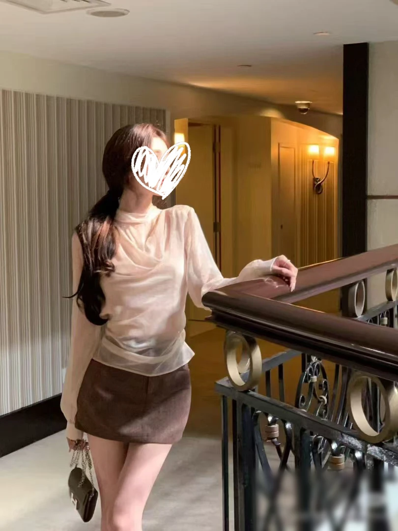 老钱风飘带荡领上衣女秋2025新款网纱长袖衬衫T恤雪纺衫00355