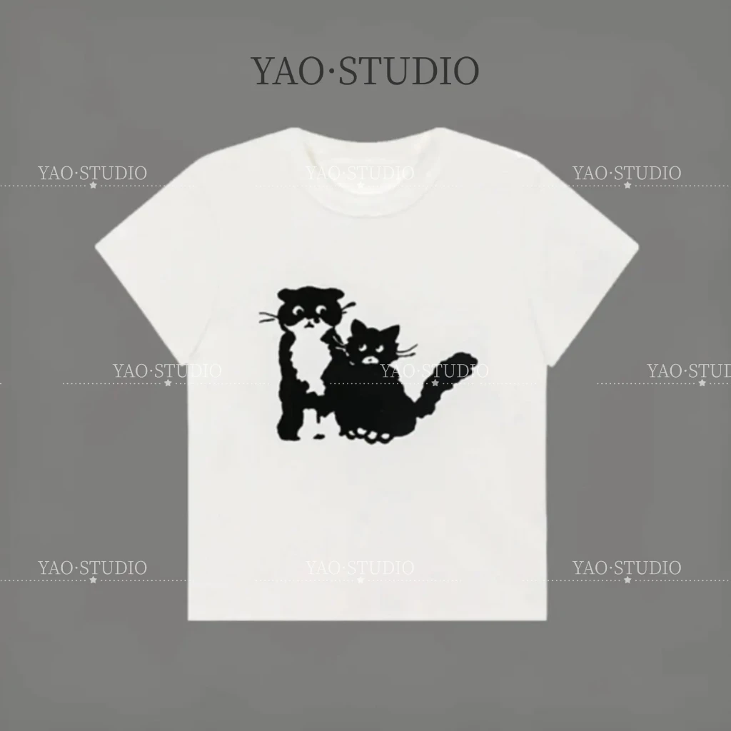 【猫咪简T】~2025轻奢植绒T恤夏季时尚百搭高奢简约设计圆领短袖