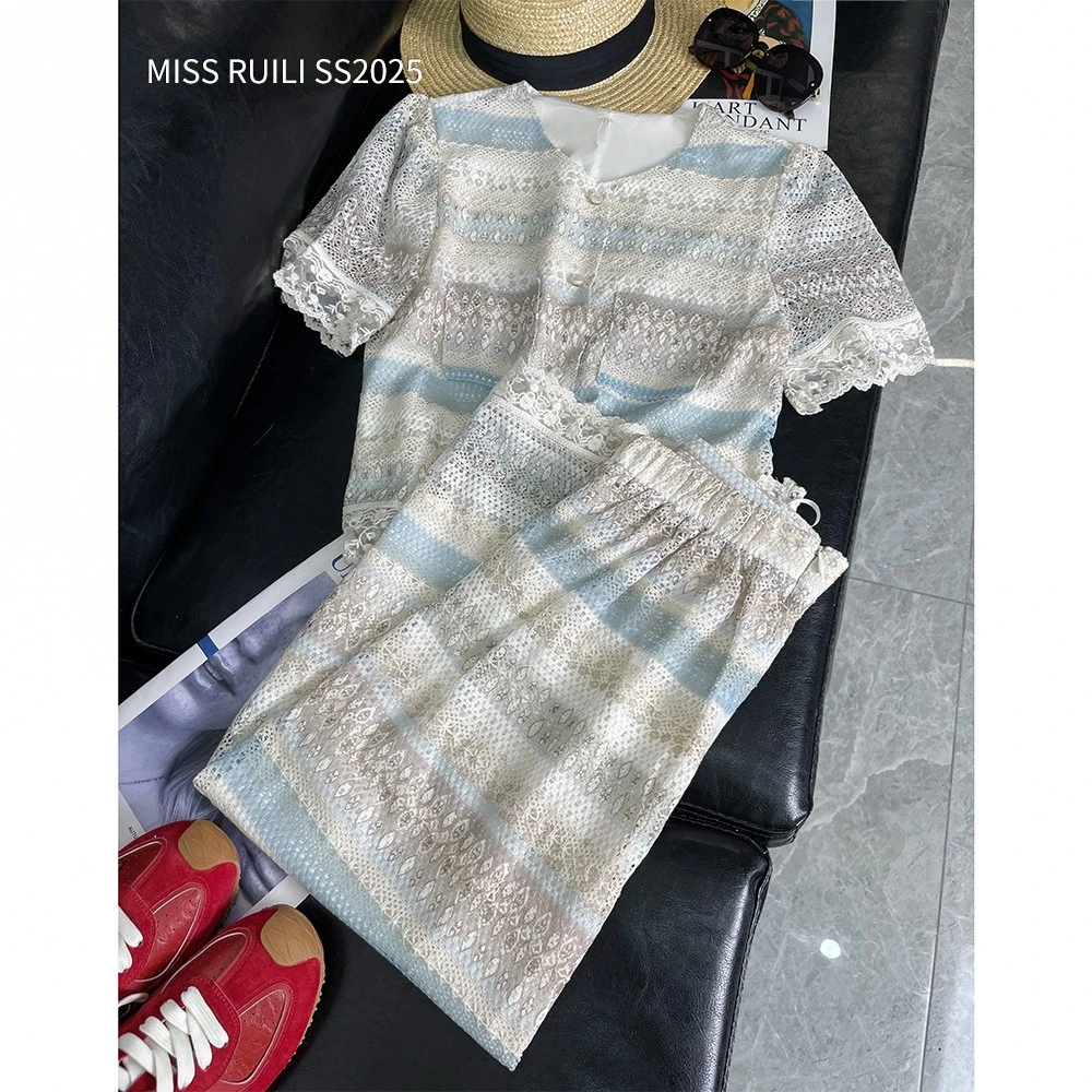 MISS RUILI 定制 欧货春夏季气质蕾丝拼接显瘦复古套装F0349