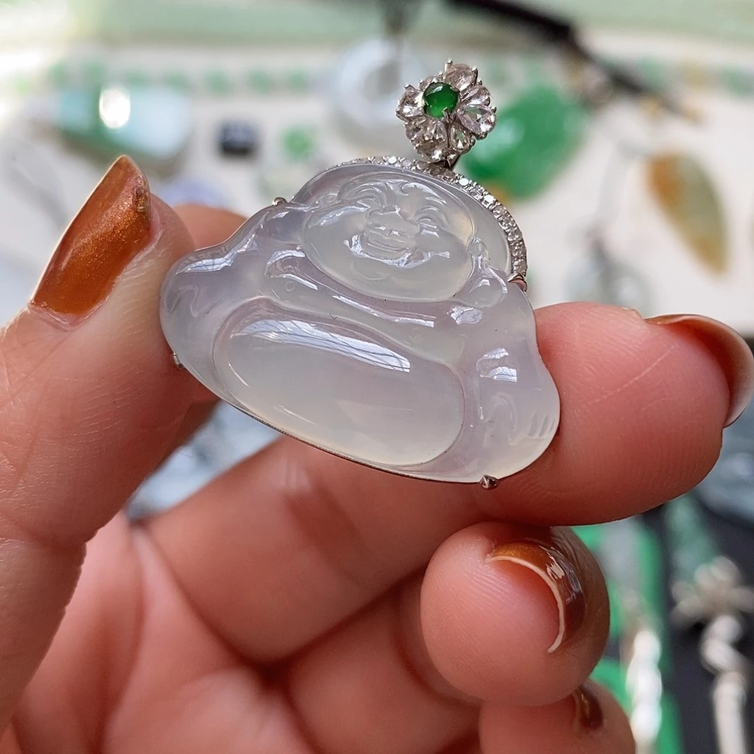 翡翠颈饰18K金镶嵌一刀切佛公