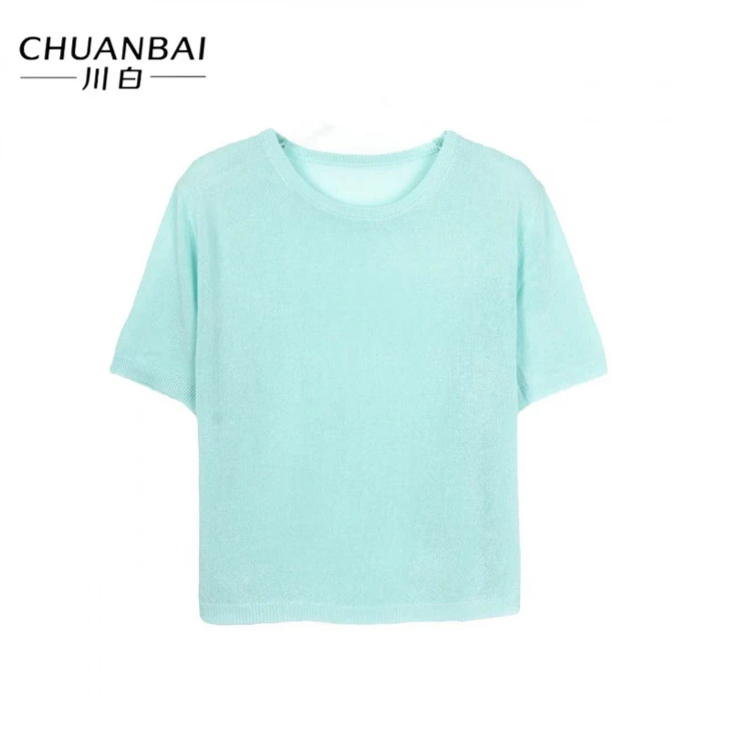 CHUANBAI 川白夏季新款亚麻纯色圆领净版针织短袖时尚百搭薄款