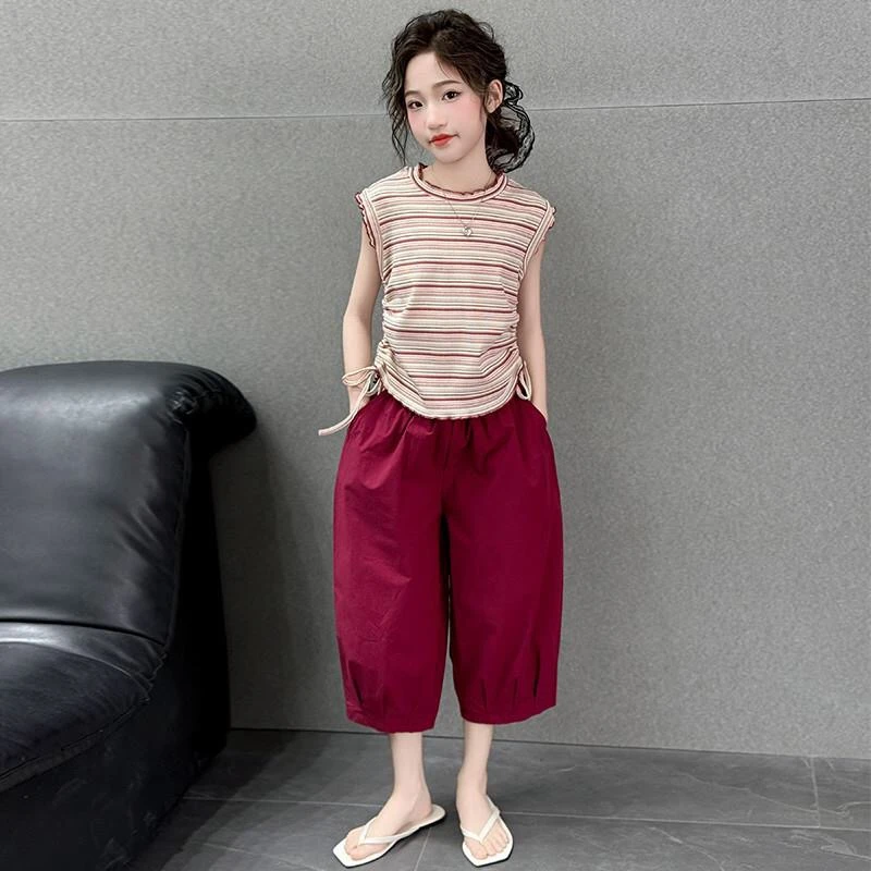 K165新款儿童夏季休闲条纹套装（侧边抽绳不同
