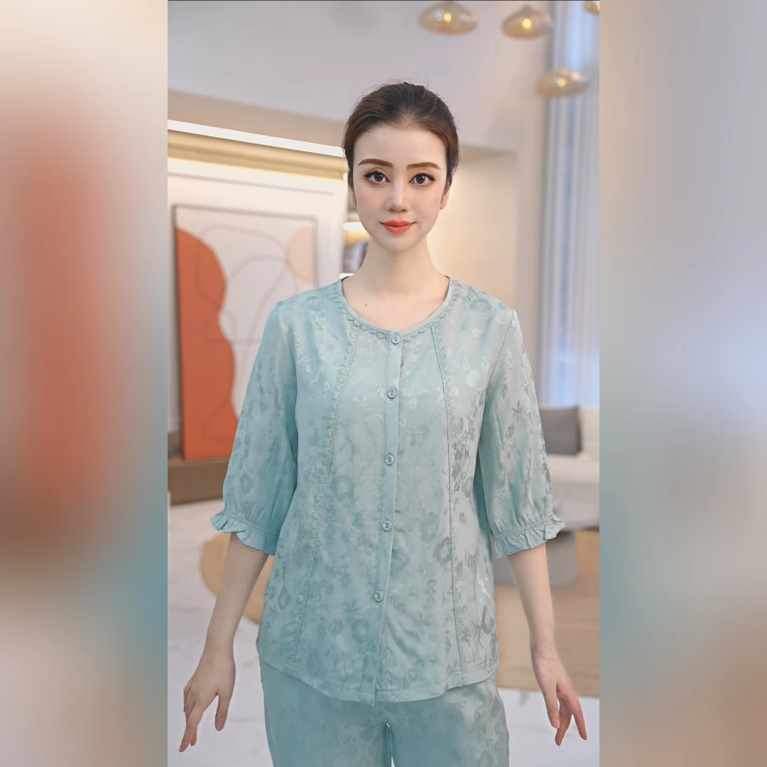 秋鹿【新中式】提花圆领七分袖长裤女套宽松夏装睡衣透气吸汗家居服
