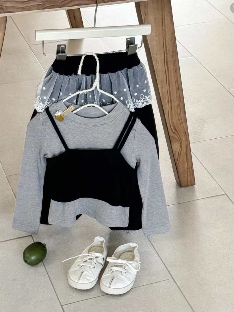 女童套装2025春装儿童洋气假两件T恤打底衫蕾丝花边阔腿裤两件套