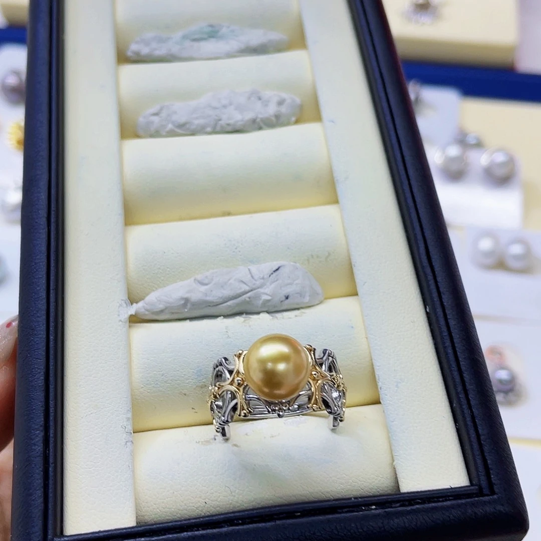 戒圈银S925镶嵌海水珍珠正圆金珠戒指