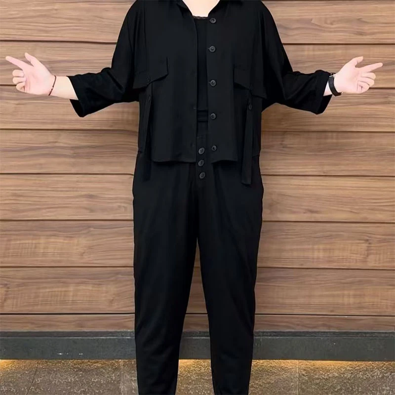 春夏时尚高档女套装休闲遮肉七分袖开衫领外套小哈伦裤套装两件套